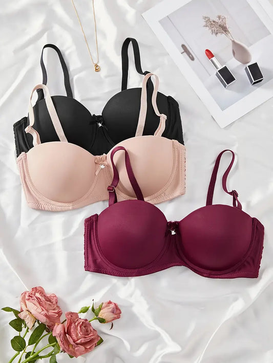 3 Pcs Solid Anti Sagging Half Cup Underwire Bra